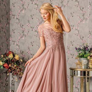 NEW A-LINE CHIFFON BOAT-NECK DRESS EMBROIDERED WITH LACE AND RHINESTNES GL3362